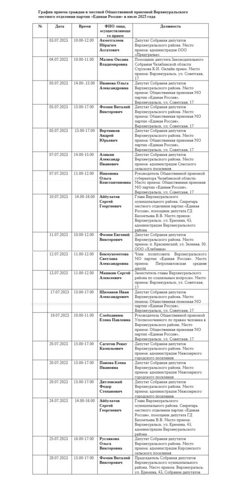 График приема граждан в местной Общественной приемной Верхнеуральского местного отделения партии "Единая Россия" в июле 2023 года